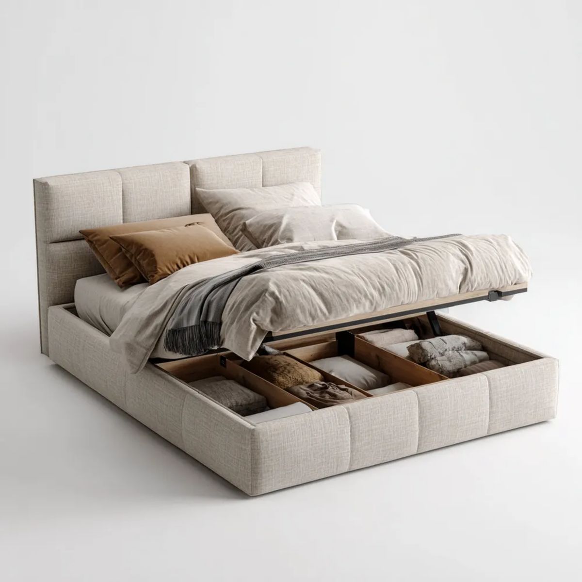 Łóżko tapicerowane ze schowkiem, beżowe, poliester, powierzchnia spania 160 × 200 cm, wymiary 180 × 220 cm