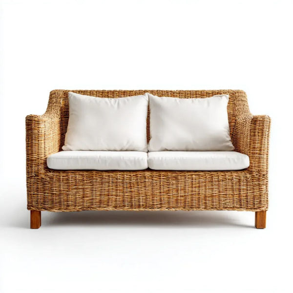Dwuosobowa sofa ogrodowa z rattanu i drewna akacjowego, biało-brązowa, 125 × 75 × 80 cm
