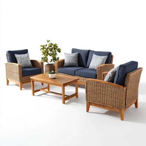 4-częściowy zestaw mebli ogrodowych z rattanu, naturalny brąz/granatowy/biały, sofa 120 x 75 x 85 cm