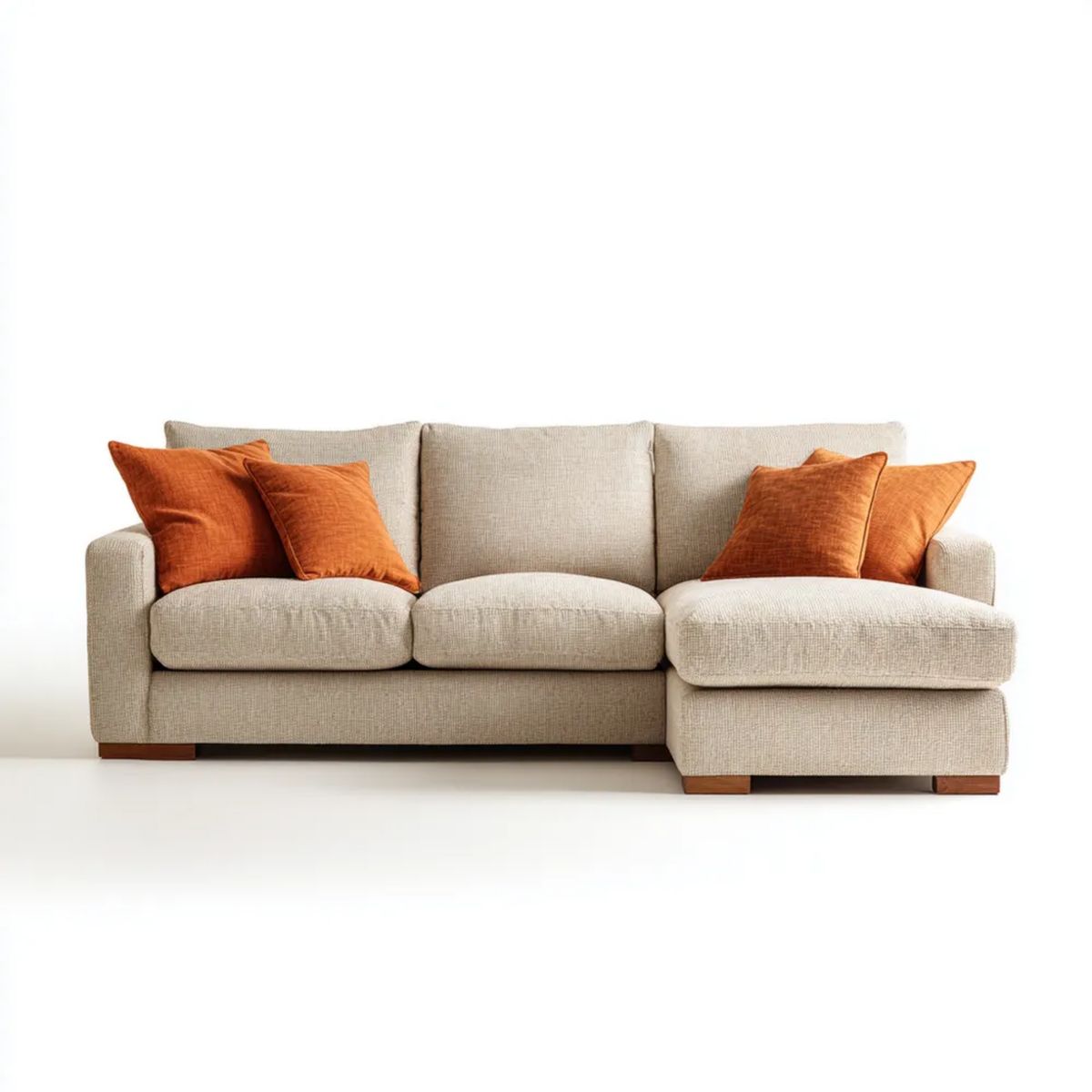 Beżowa sofa narożna w kształcie L z prawostronnym szezlongiem i tapicerką poliestrową, 250 × 160 × 85 cm