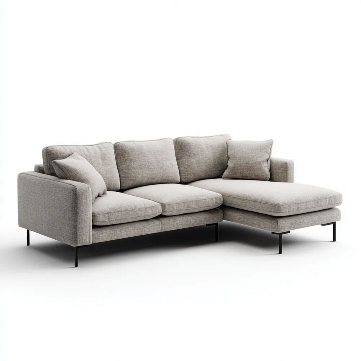Szara sofa narożna w kształcie L z prawostronnym szezlongiem, tkanina i metal, 260 × 165 × 85 cm