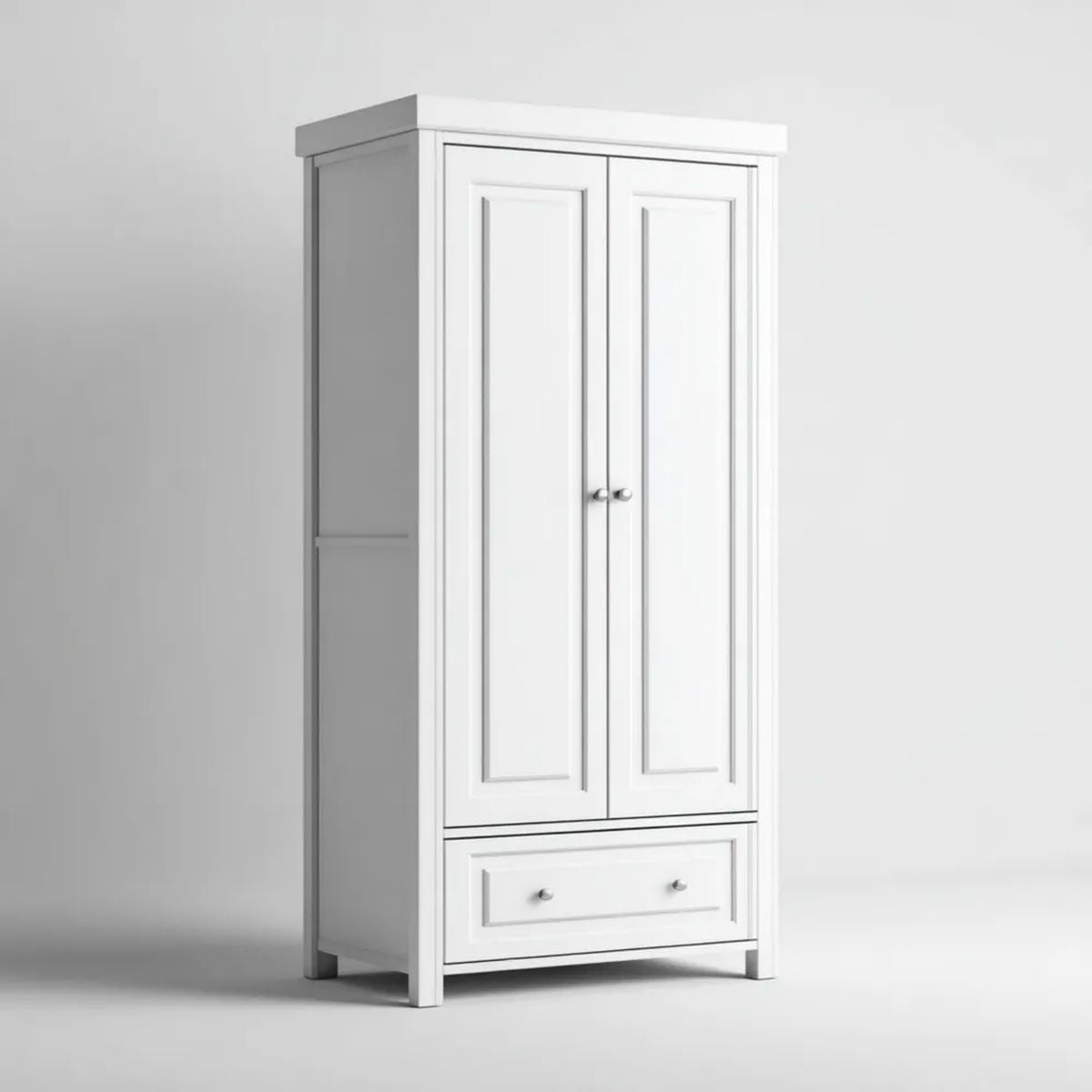 Biała szafa dwudrzwiowa z płyty MDF i płyty wiórowej, 80 × 50 × 180 cm, z szufladą
