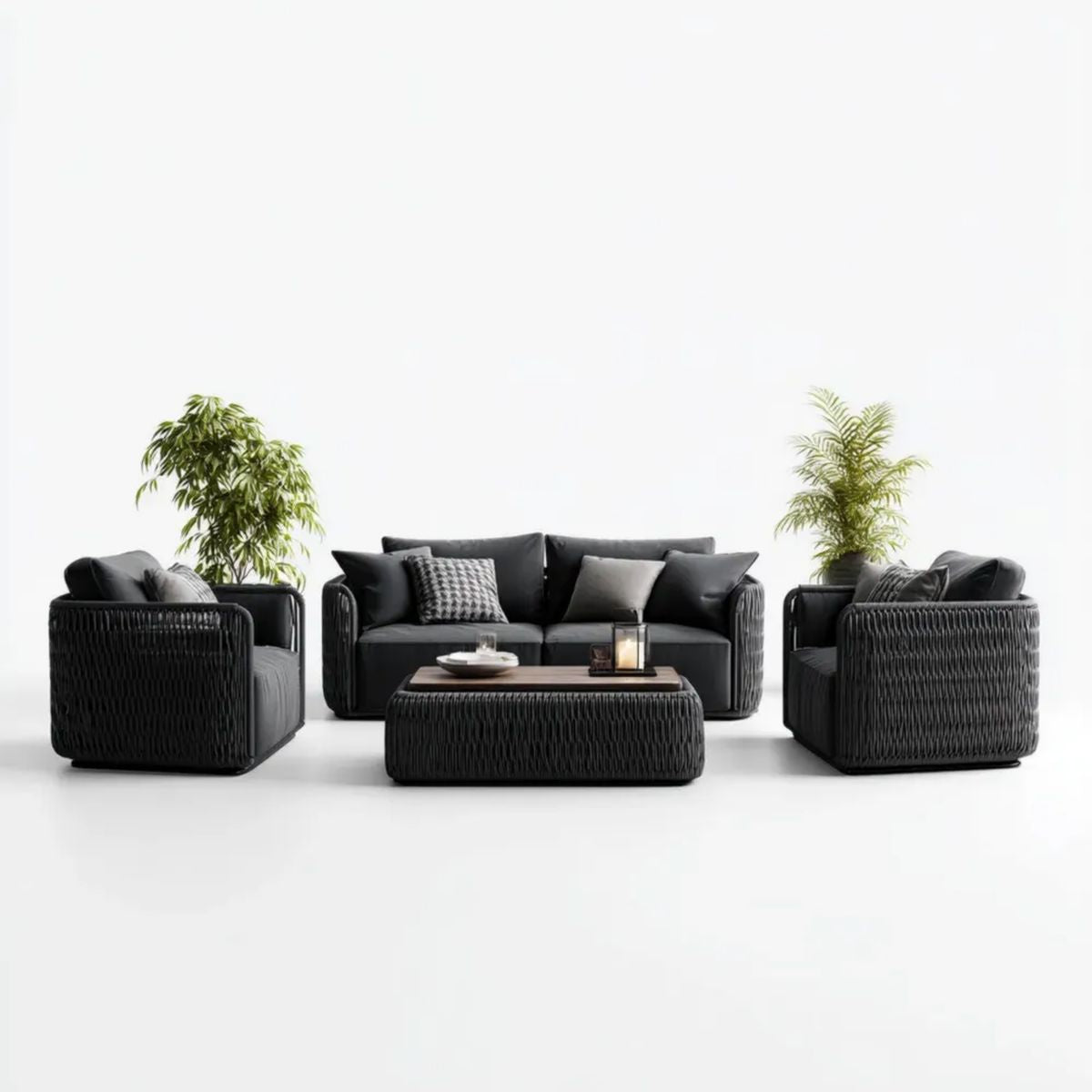 4-częściowy zestaw mebli ogrodowych z technorattanu czarny/brązowy – sofa 2-osobowa 170 × 80 × 75 cm, 2 fotele i stolik kawowy