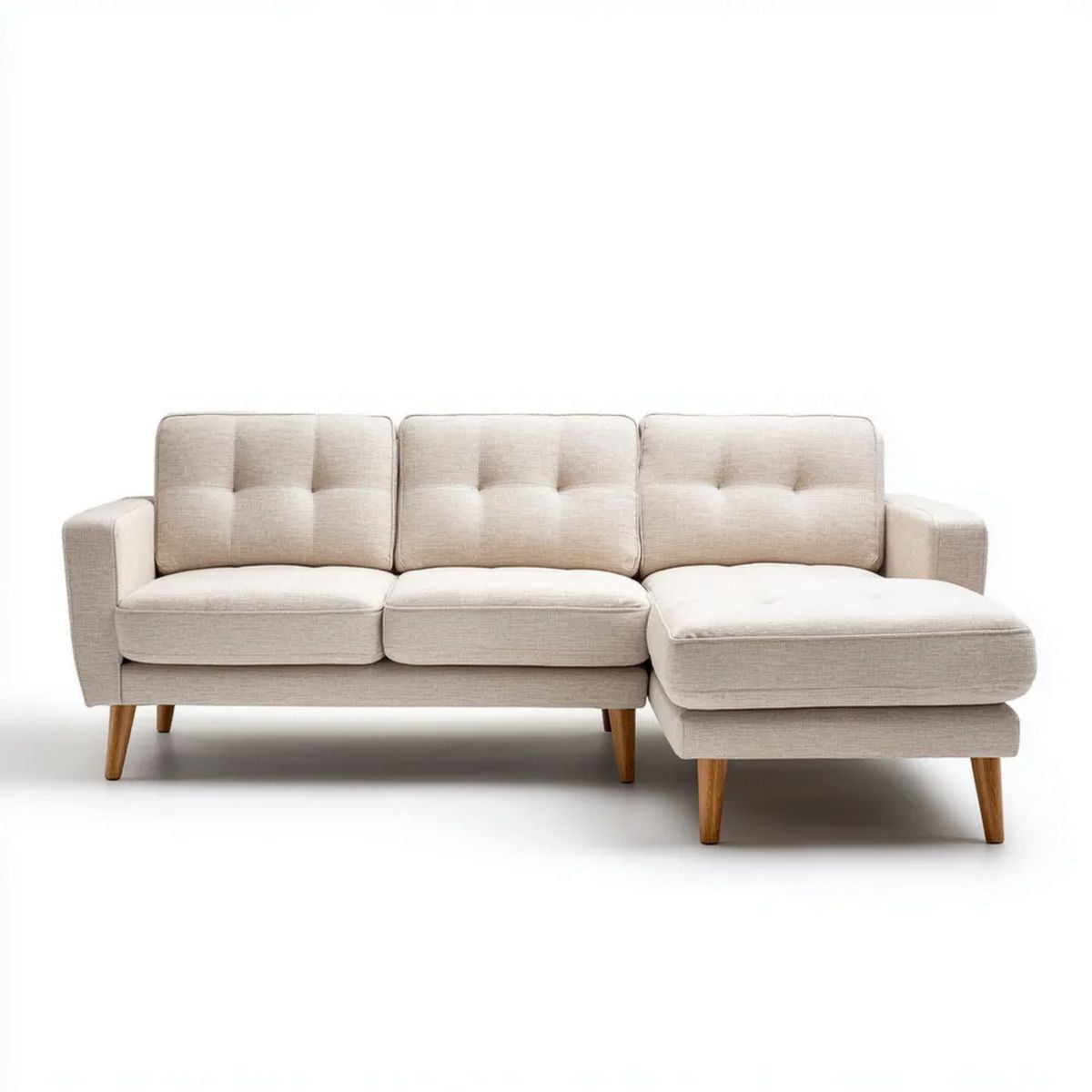 Sofa narożna 3-osobowa beżowa z poliestru, prawostronna, 220 × 150 × 85 cm