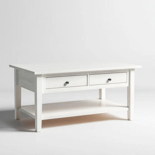 Biały stolik kawowy z płyty MDF 110 x 60 x 45 cm, 2 szuflady i dolna półka