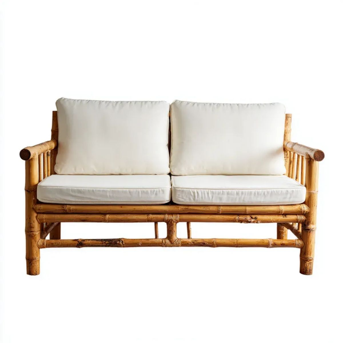 2-osobowa sofa ogrodowa z bambusa jasnobrązowa z kremowymi poduszkami, 120 × 70 × 80 cm