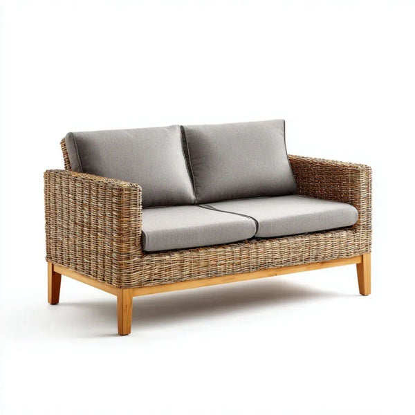 Dwuosobowa sofa ogrodowa z plecionki PE z poduszkami brązowo-szara, 140 × 75 × 80 cm