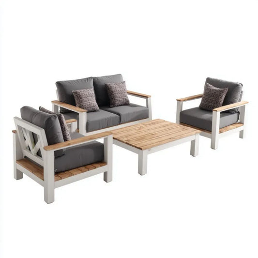 4-częściowy drewniany zestaw mebli ogrodowych biały/brązowy/antracytowy – sofa 2-osobowa, 2 fotele i stolik 100 x 60 x 45 cm