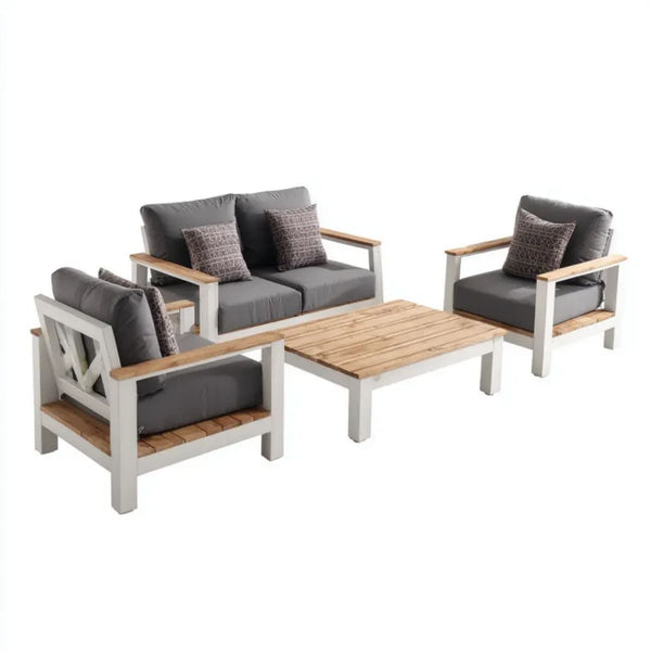 4-częściowy drewniany zestaw mebli ogrodowych biały/brązowy/antracytowy – sofa 2-osobowa, 2 fotele i stolik 100 x 60 x 45 cm