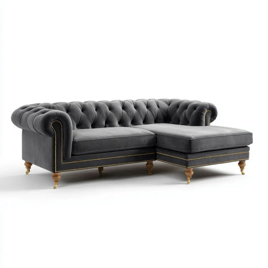 Grafitowa sofa narożna Chesterfield w kształcie L z prawostronnym szezlongiem, aksamitna, 280 × 170 × 78 cm
