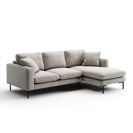 Szara sofa narożna w kształcie L z prawostronnym szezlongiem, tkanina i metal, 260 × 165 × 85 cm
