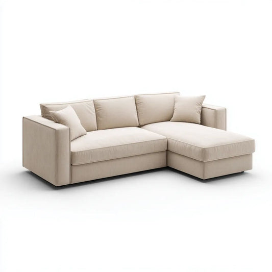 Beżowa sofa narożna z tkaniny z prawostronnym szezlongiem, 230 × 150 cm