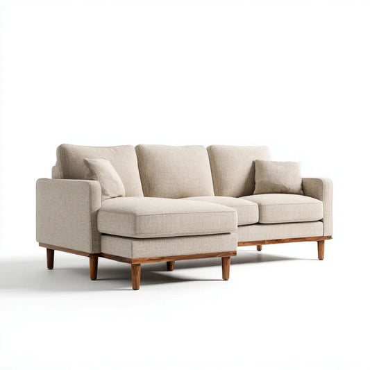 Beżowa sofa narożna w kształcie L z lewostronnym szezlongiem, tapicerowana tkaniną poliestrową, 260 × 160 × 85 cm