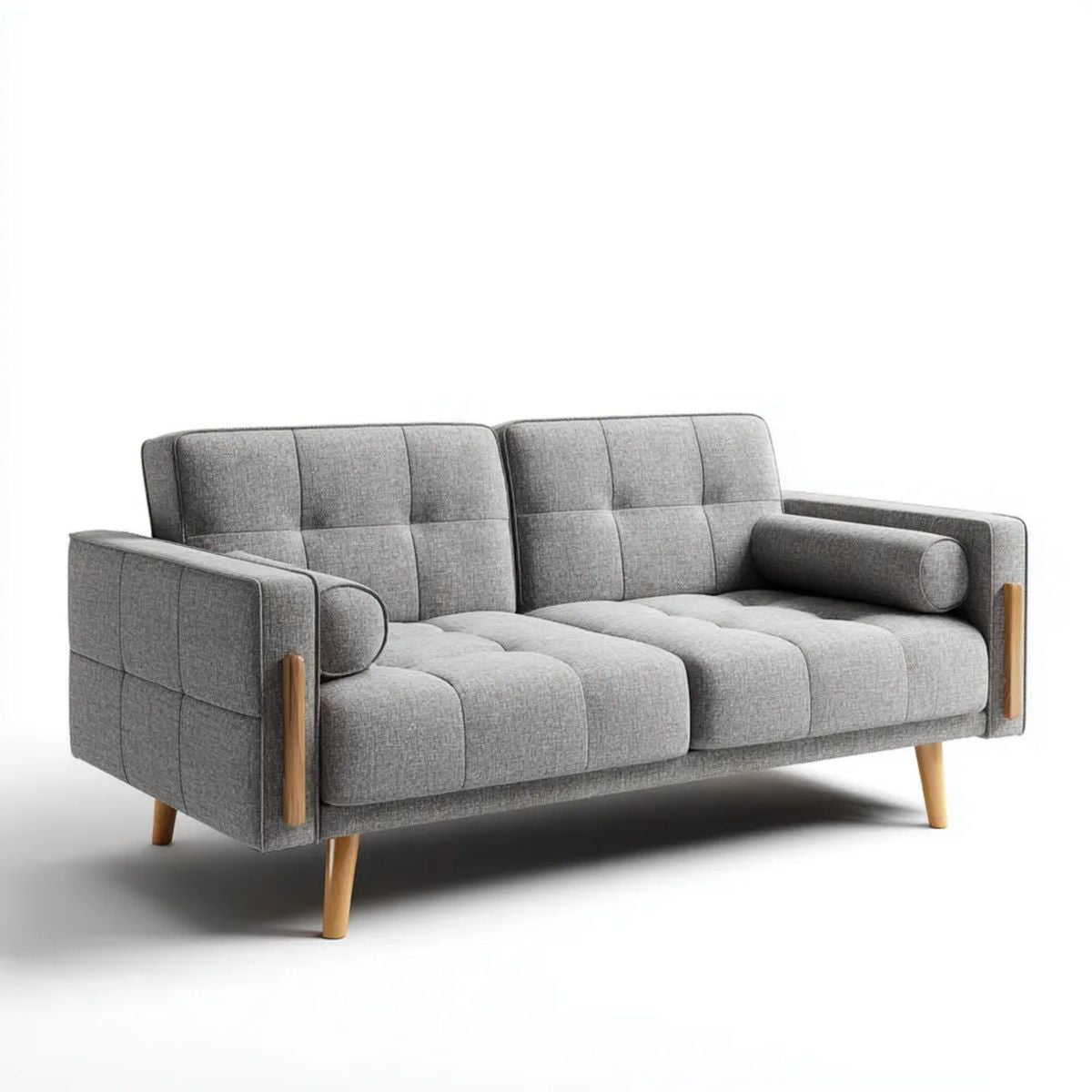 Trzyosobowa sofa szara z tapicerką poliestrową i drewnianymi nogami, 210 x 88 x 86 cm