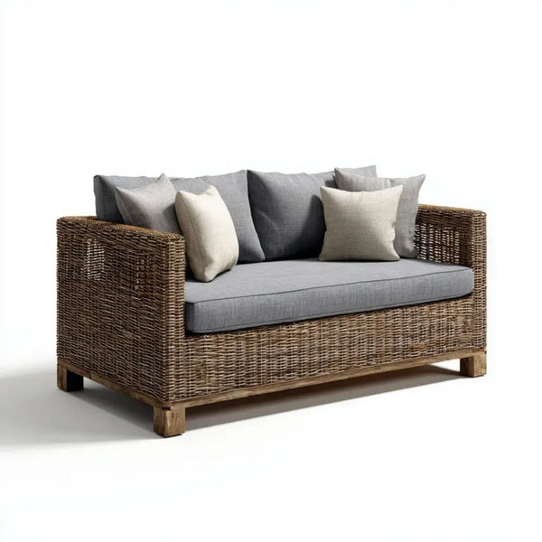 2-osobowa sofa ogrodowa z technorattanu i drewna, brązowo-szara z beżowymi poduszkami, 160 × 80 × 85 cm
