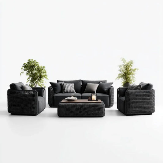 4-częściowy zestaw mebli ogrodowych z technorattanu czarny/brązowy – sofa 2-osobowa 170 × 80 × 75 cm, 2 fotele i stolik kawowy