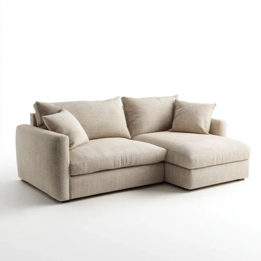 Beżowa sofa narożna z szezlongiem z tkaniny, prawa, 235 x 165 x 85 cm