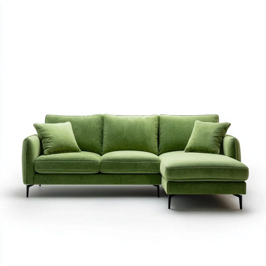 Zielona sofa narożna z prawostronnym szezlongiem, aksamitna, 250 x 160 x 85 cm