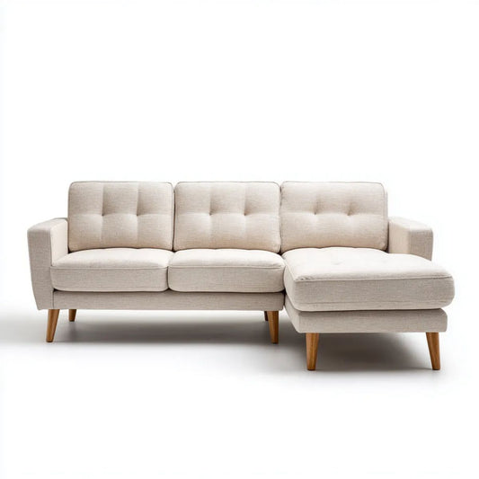 Sofa narożna 3-osobowa beżowa z poliestru, prawostronna, 220 × 150 × 85 cm