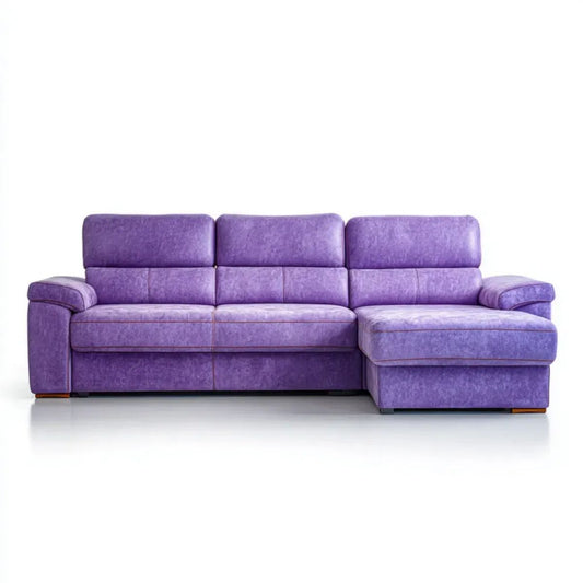 Fioletowa sofa narożna prawostronna z szezlongiem z poliestru, 280 x 160 x 90 cm, kształt L
