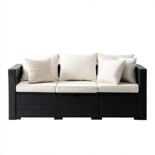 3-osobowa sofa ogrodowa z technorattanu PE, czarna z beżowymi poduszkami, 180 x 70 x 75 cm