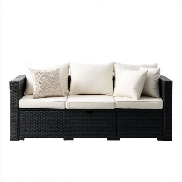 3-osobowa sofa ogrodowa z technorattanu PE, czarna z beżowymi poduszkami, 180 x 70 x 75 cm